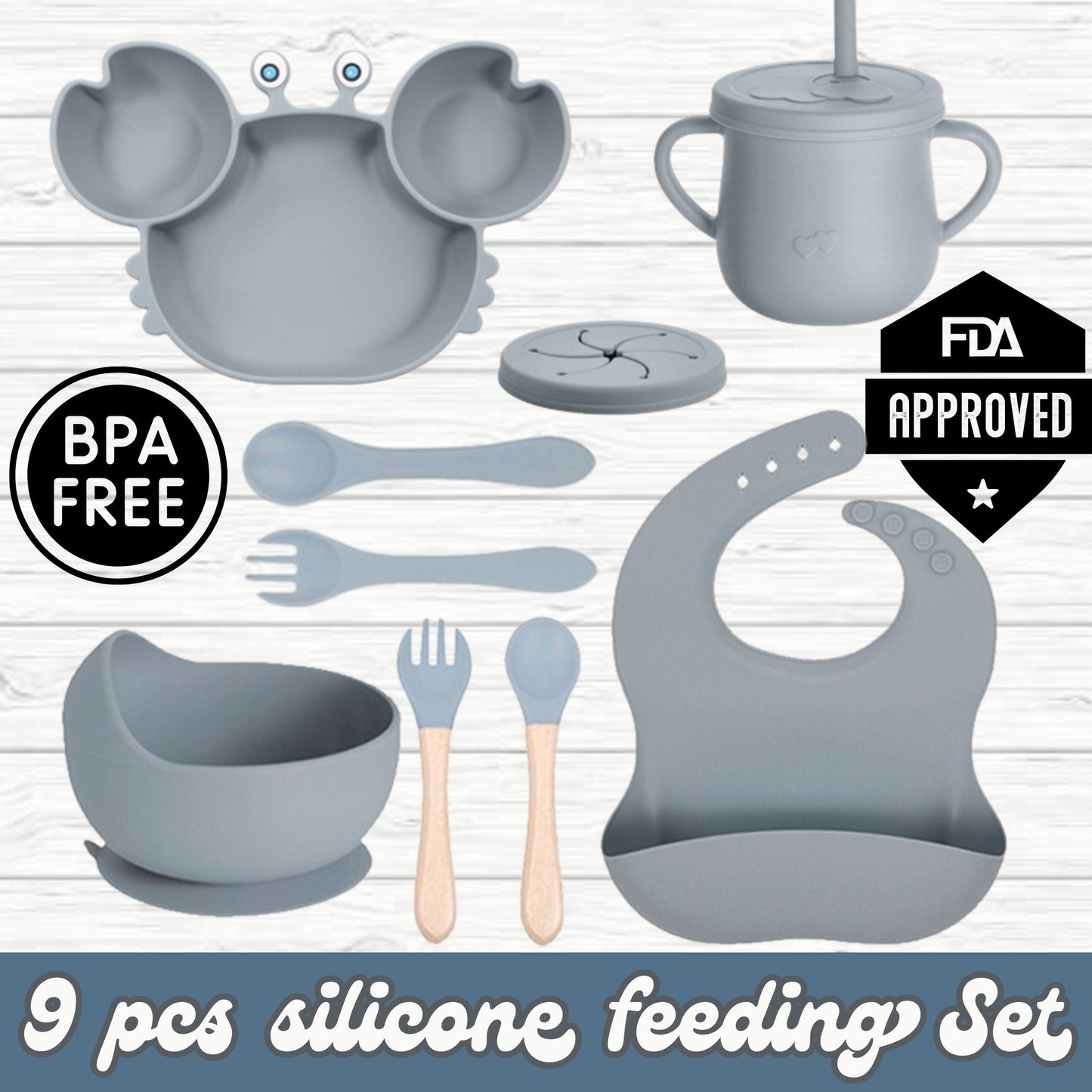 Silicone Baby Feeding Set, Crab Design Plate, Bowl, Cup with Lid, Bib, Spoon and Fork (ash blue)