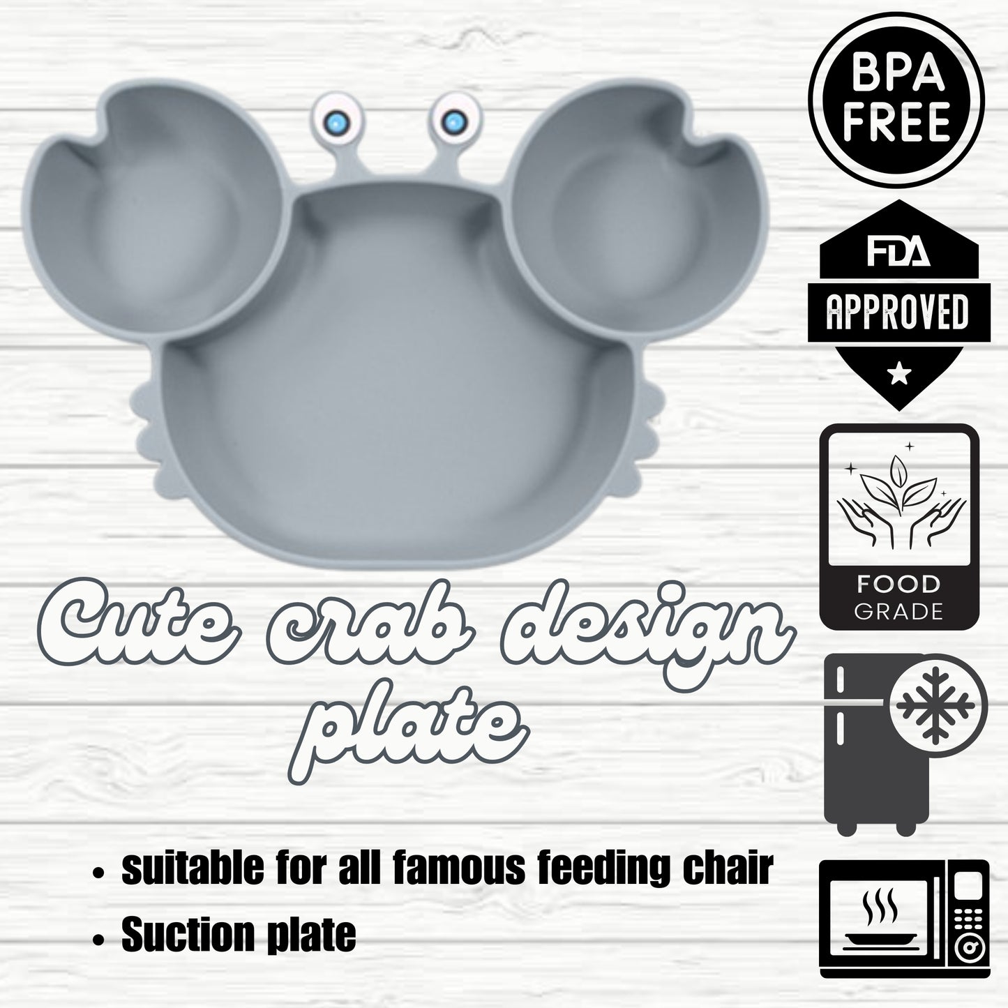 Silicone Baby Feeding Set, Crab Design Plate, Bowl, Cup with Lid, Bib, Spoon and Fork (ash blue)