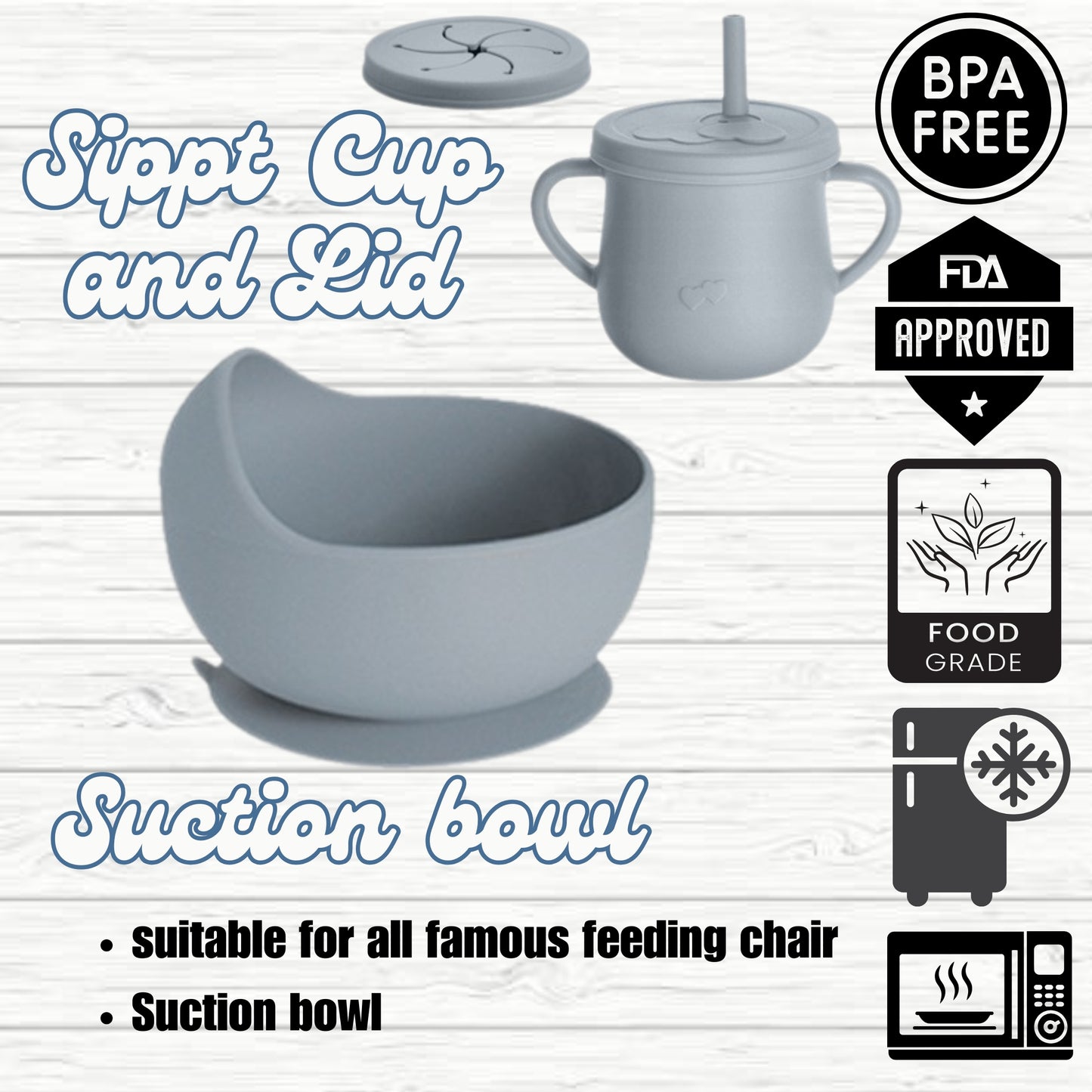 Silicone Baby Feeding Set, Crab Design Plate, Bowl, Cup with Lid, Bib, Spoon and Fork (ash blue)