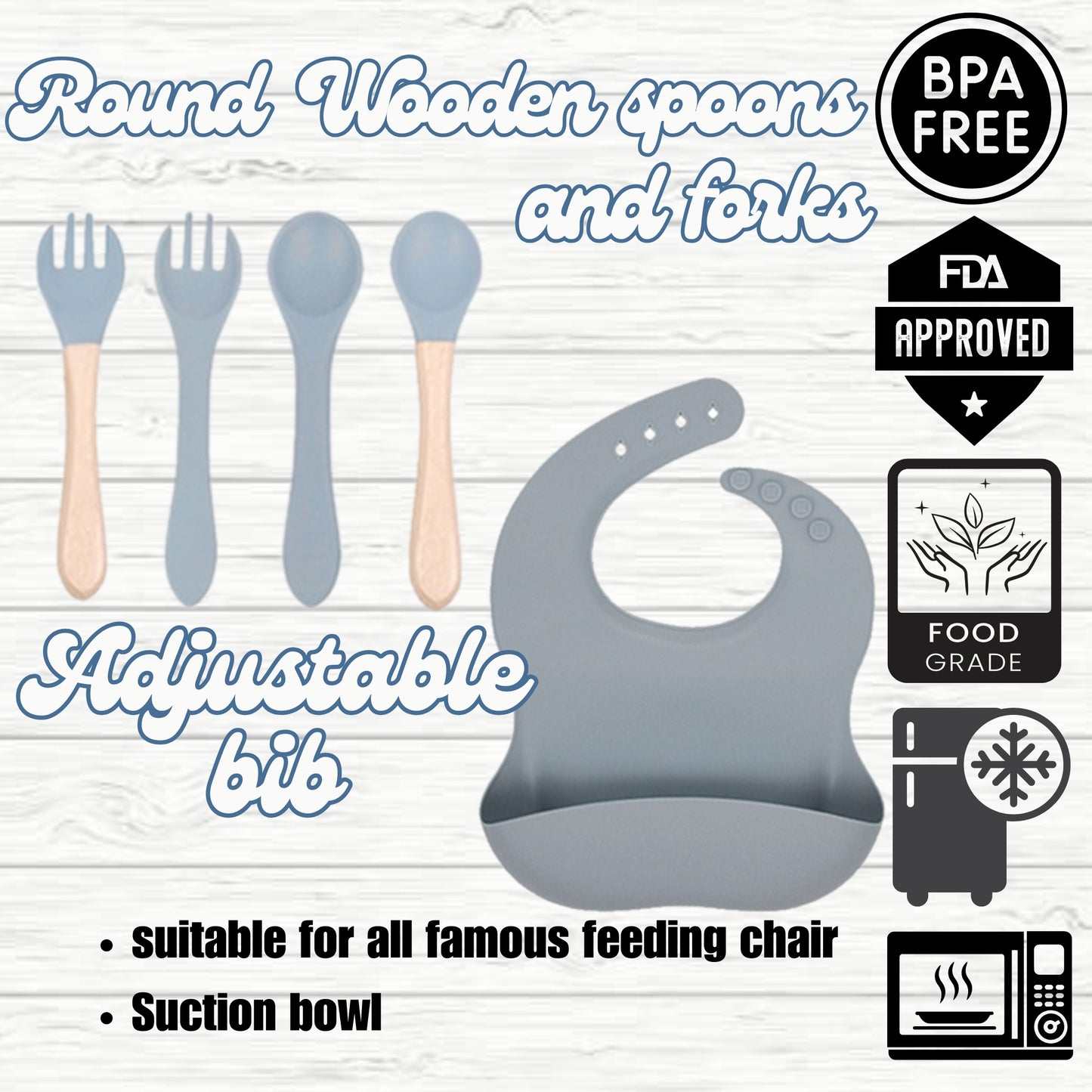 Silicone Baby Feeding Set, Crab Design Plate, Bowl, Cup with Lid, Bib, Spoon and Fork (ash blue)