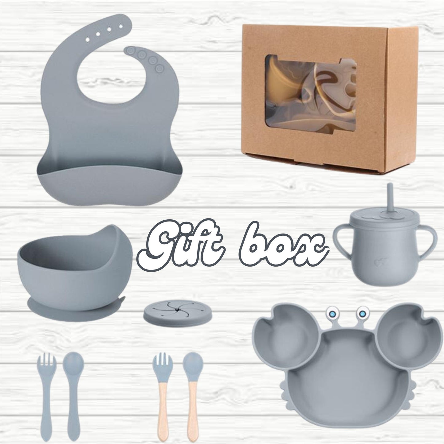 Silicone Baby Feeding Set, Crab Design Plate, Bowl, Cup with Lid, Bib, Spoon and Fork (ash blue)