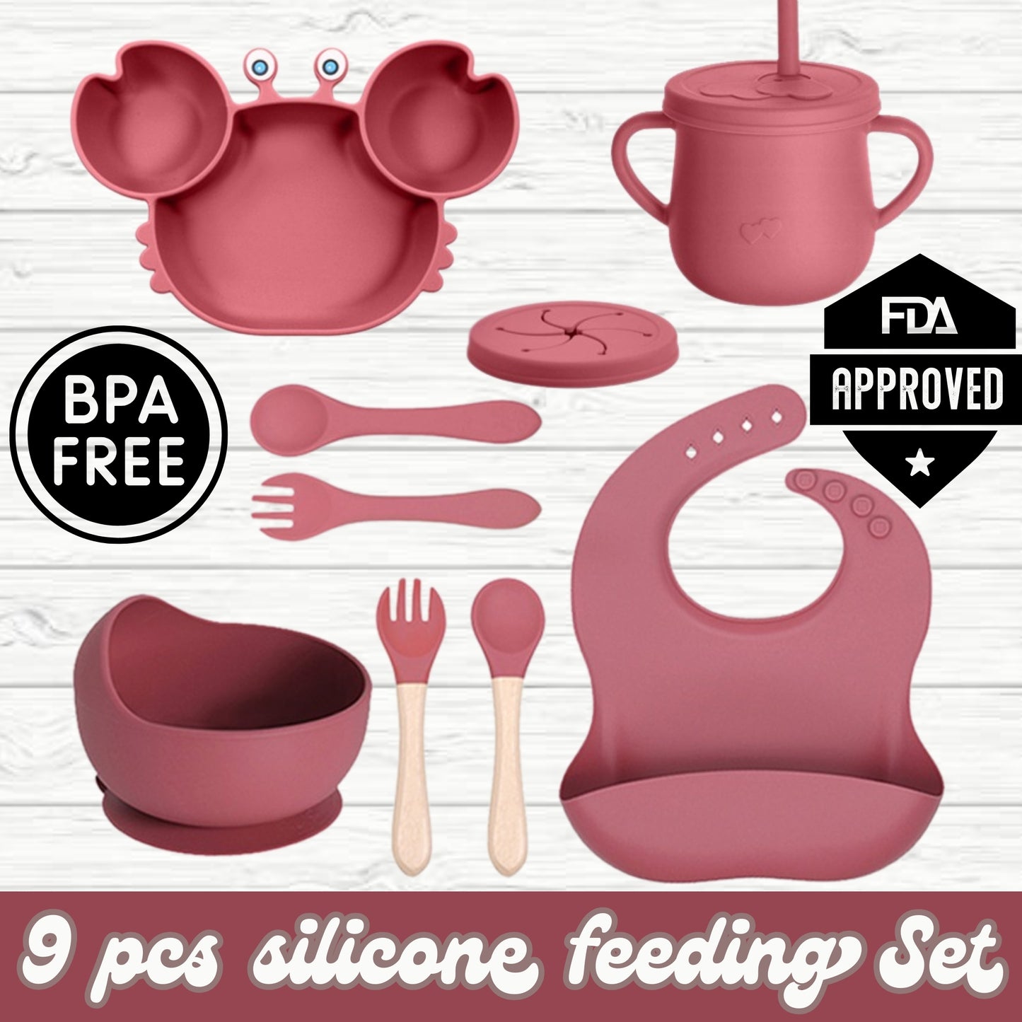 Silicone Baby Feeding Set, Crab Design Plate, Bowl, Cup with Lid, Bib, Spoon and Fork (dark pink)