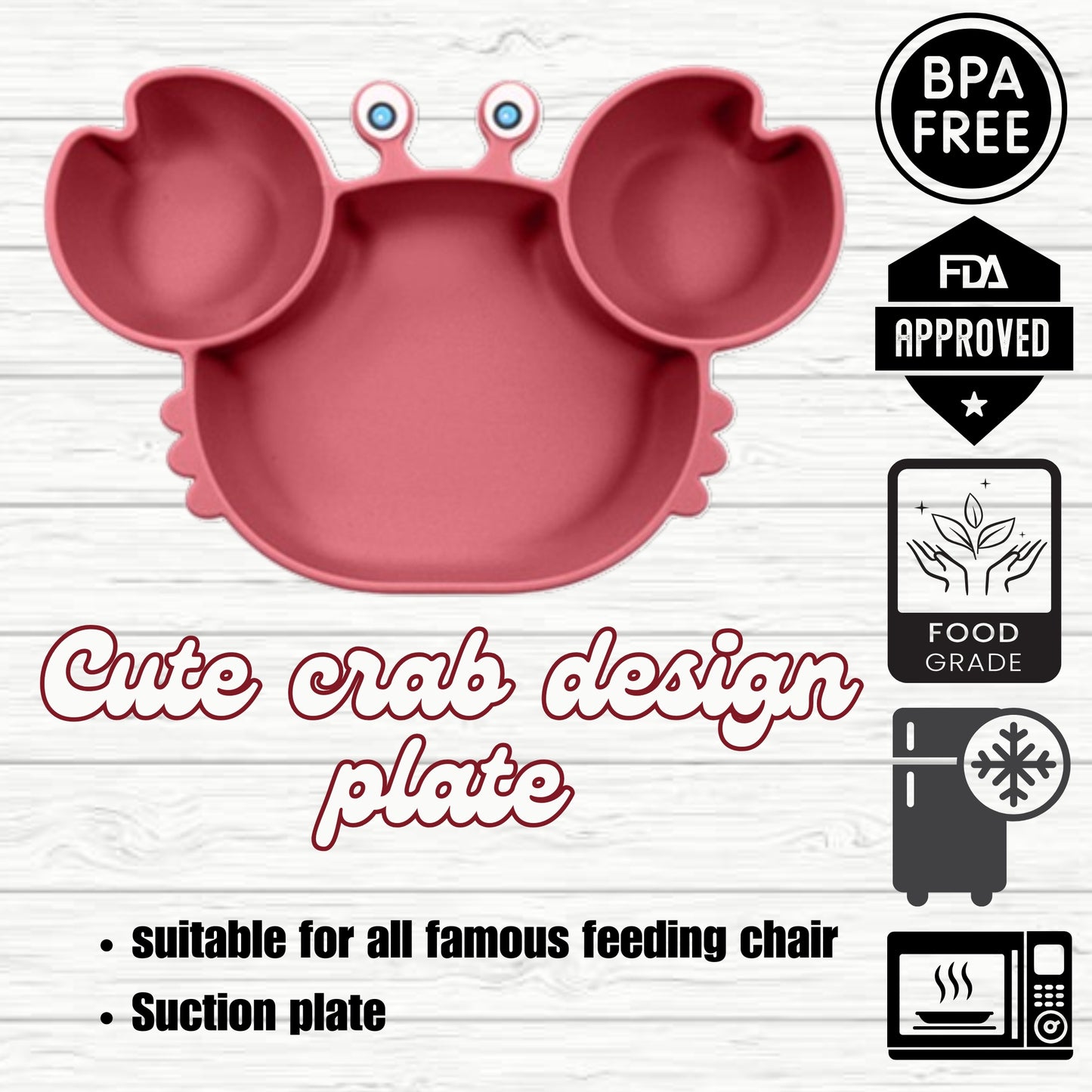 Silicone Baby Feeding Set, Crab Design Plate, Bowl, Cup with Lid, Bib, Spoon and Fork (dark pink)