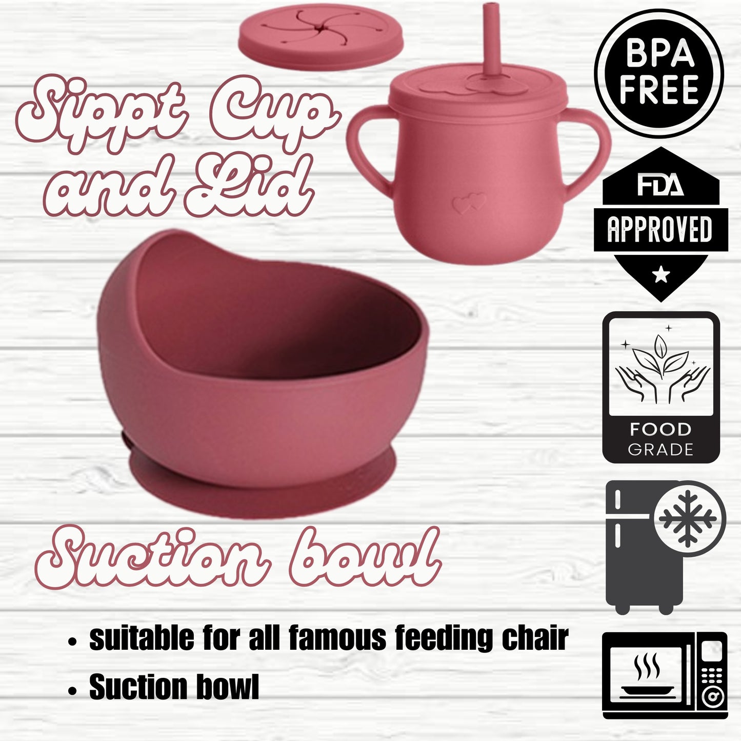 Silicone Baby Feeding Set, Crab Design Plate, Bowl, Cup with Lid, Bib, Spoon and Fork (dark pink)