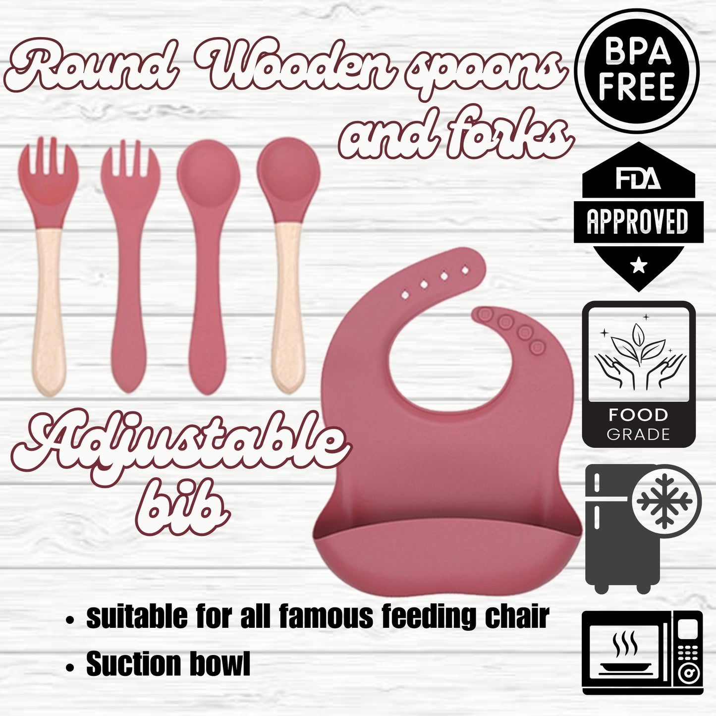 Silicone Baby Feeding Set, Crab Design Plate, Bowl, Cup with Lid, Bib, Spoon and Fork (dark pink)