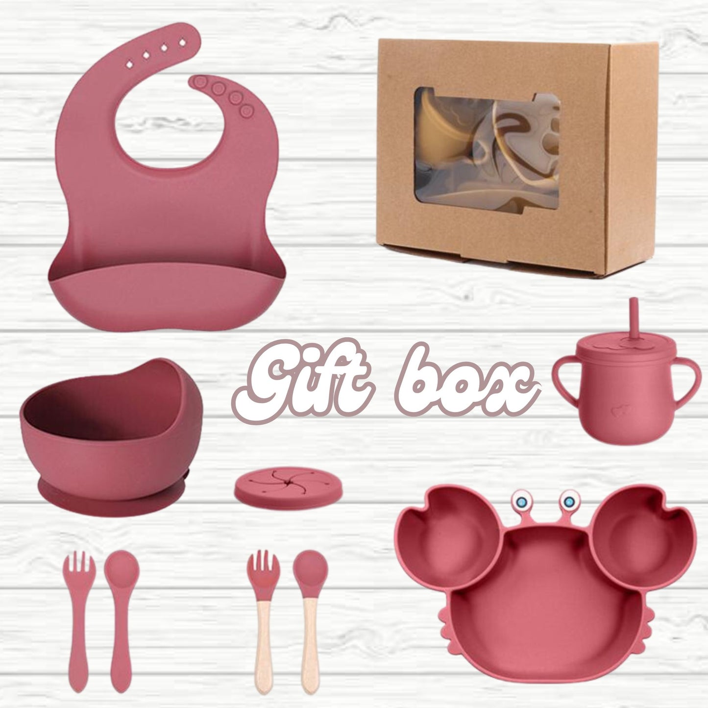 Silicone Baby Feeding Set, Crab Design Plate, Bowl, Cup with Lid, Bib, Spoon and Fork (dark pink)