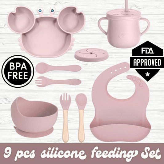 Silicone Baby Feeding Set, Crab Design Plate, Bowl, Cup with Lid, Bib, Spoon and Fork (smoke pink)