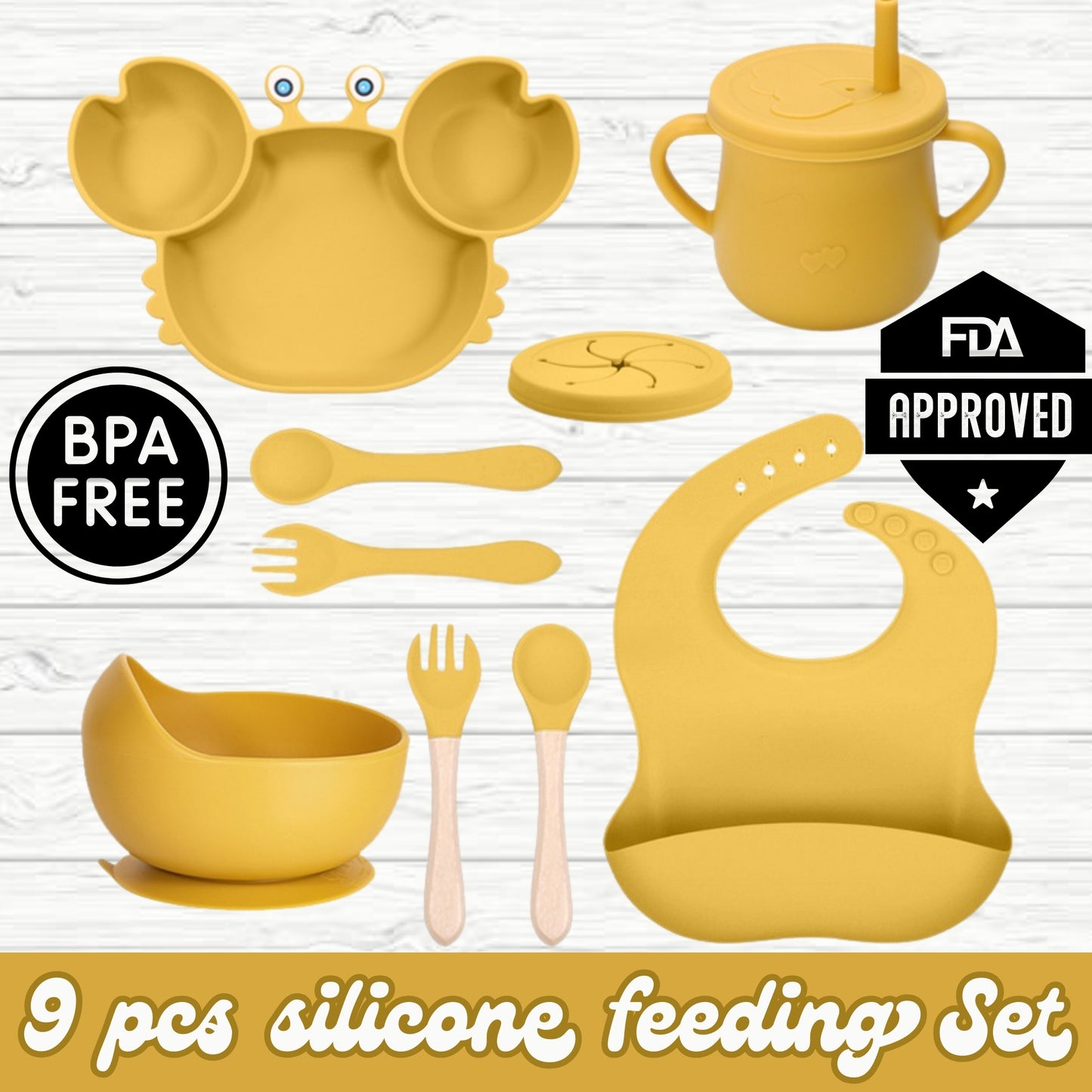 Silicone Baby Feeding Set, Crab Design Plate, Bowl, Cup with Lid, Bib, Spoon and Fork (yellow)