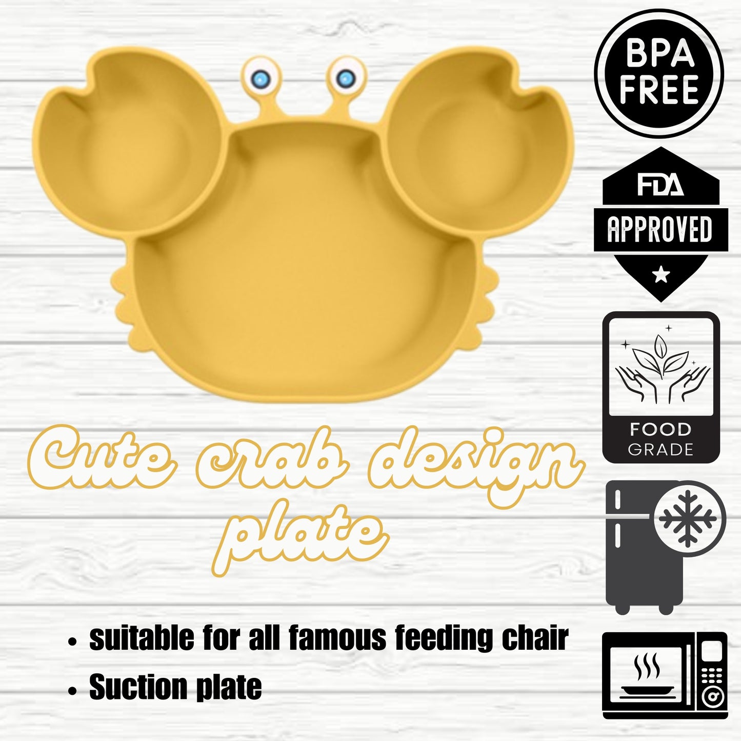 Silicone Baby Feeding Set, Crab Design Plate, Bowl, Cup with Lid, Bib, Spoon and Fork (yellow)