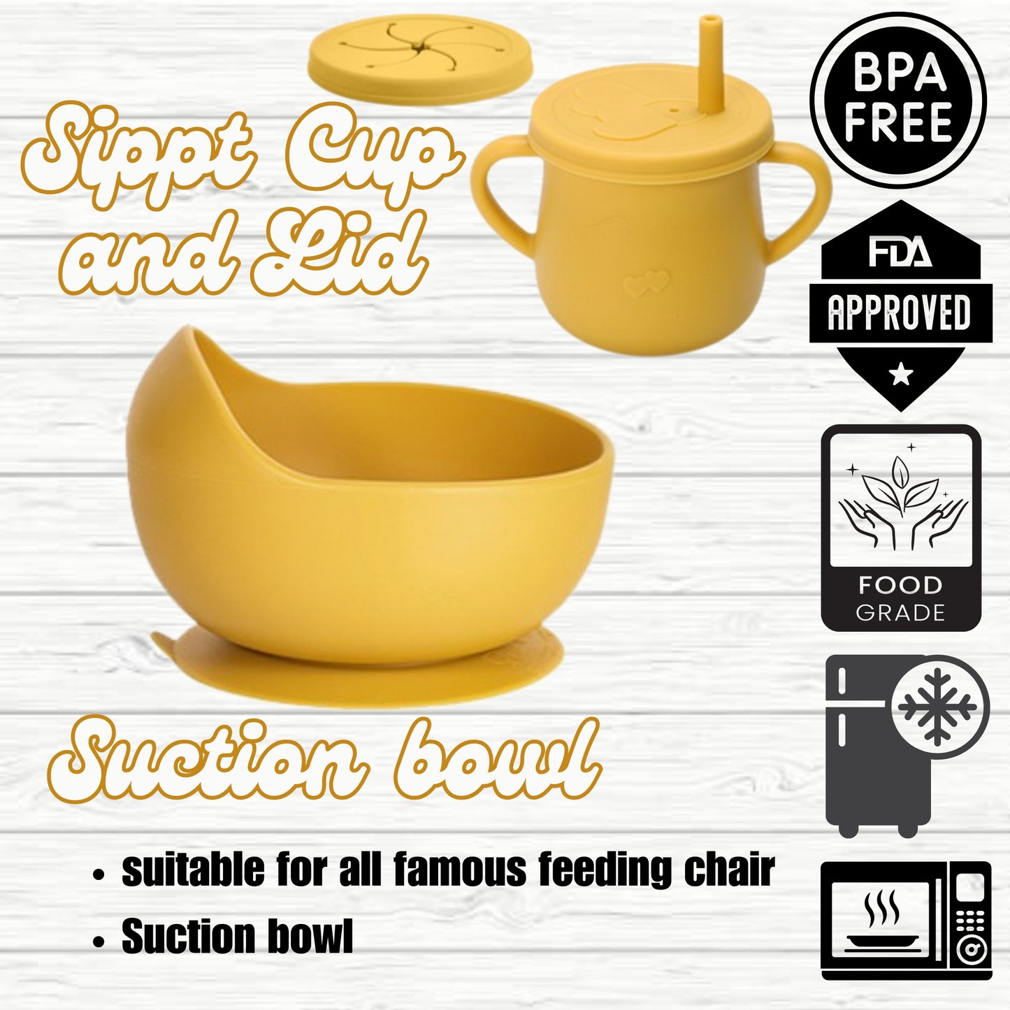 Silicone Baby Feeding Set, Crab Design Plate, Bowl, Cup with Lid, Bib, Spoon and Fork (yellow)