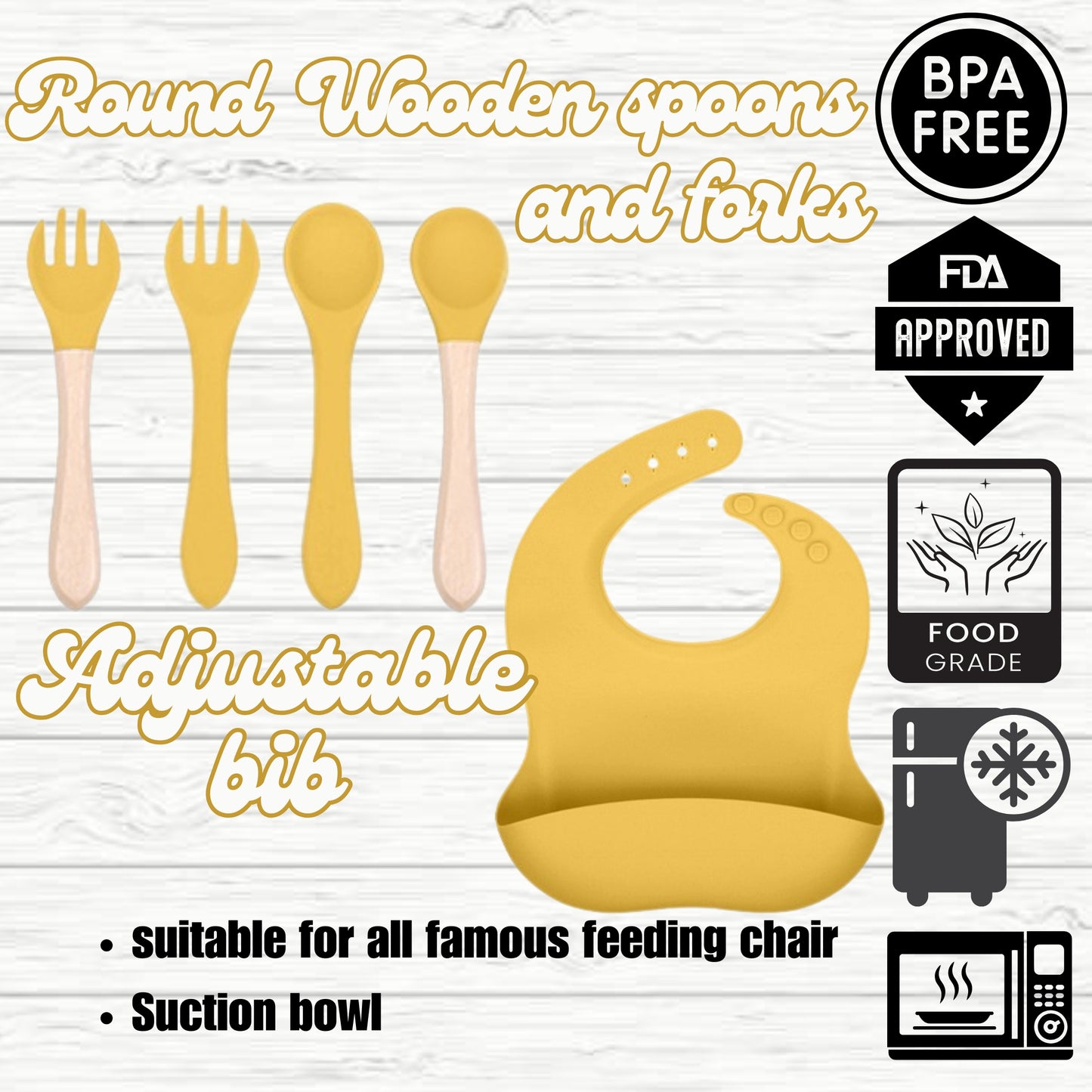 Silicone Baby Feeding Set, Crab Design Plate, Bowl, Cup with Lid, Bib, Spoon and Fork (yellow)